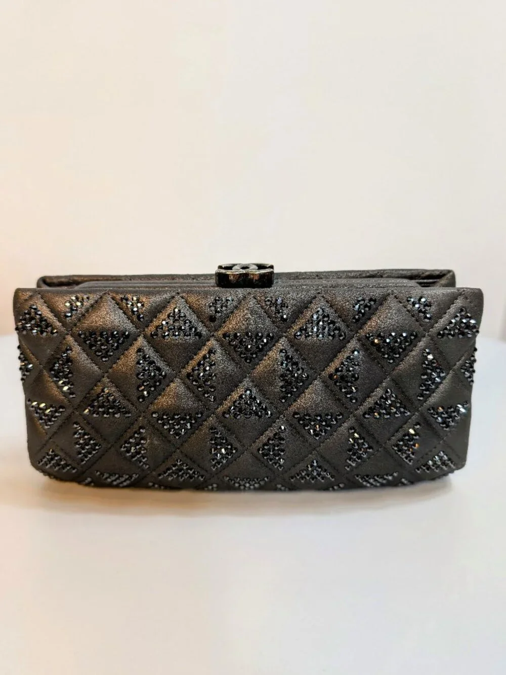 Chanel Timeless Grey Crystal-Studded Suede Diamond-Quilted Clutch